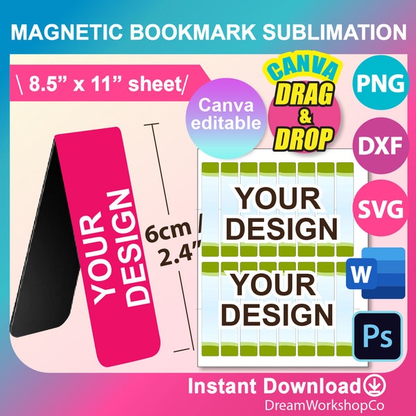 Magnetic Bookmark Sublimation Template, Bookmark Sublimation Template SVG, Canva, DXF, Ms Word Docx, Png, PSD, 8.5"x11" sheet, Printable