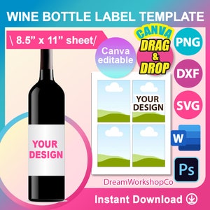 750ml Wine Label Template . Mini Champagne bottle Labels, SVG, Canva, DXF, Ms Word Docx, Png, PSD, 8.5&quot;x11&quot; sheet, Printable