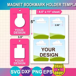 Puede incluir: Una plantilla para sujetalibros magnéticos, con diseños rosas y blancos. La plantilla incluye dimensiones: 8,9 cm x 12,7 cm y 6,5 cm. El texto "YOUR DESIGN" es visible. La imagen también incluye el texto "MAGNET BOOKMARK HOLDER TEMPLATE" y "DRAG & DROP".