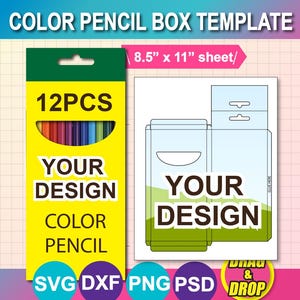 May include: A yellow color pencil box template with the text "COLOR PENCIL BOX TEMPLATE" and "8.5" x 11" sheet/". The box design includes space for "YOUR DESIGN" and holds 12 color pencils. Includes SVG, DXF, PNG, and PSD file formats.