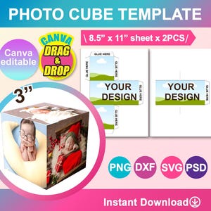 Puede incluir: Una plantilla imprimible para un cubo de fotos de 7,6 cm. La plantilla incluye dos hojas de 21,6 cm por 27,9 cm con instrucciones para pegar los lados juntos. La plantilla está diseñada para ser utilizada con la función de arrastrar y soltar de Canva. La plantilla incluye un diseño con un campo verde y un cielo azul, y el texto "Tu diseño".