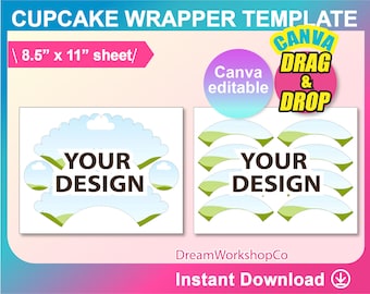 2 Sizes. Bundle Cupcake Wrapper Template, SVG, DXF, Canva, Ms Word Docx, Png, Psd, 8.5"x11" sheet, Printable