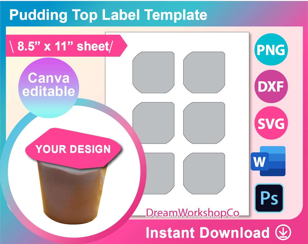 Pudding Top Label Template, SVG, Pudding Label SVG, Dxf, Canva, Ms Word