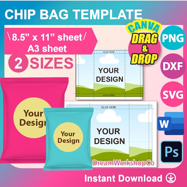 Chip Bag Template, SVG, DXF, Canva, Ms Word Docx, Png, Psd, 8.5"x11" sheet, Printable
