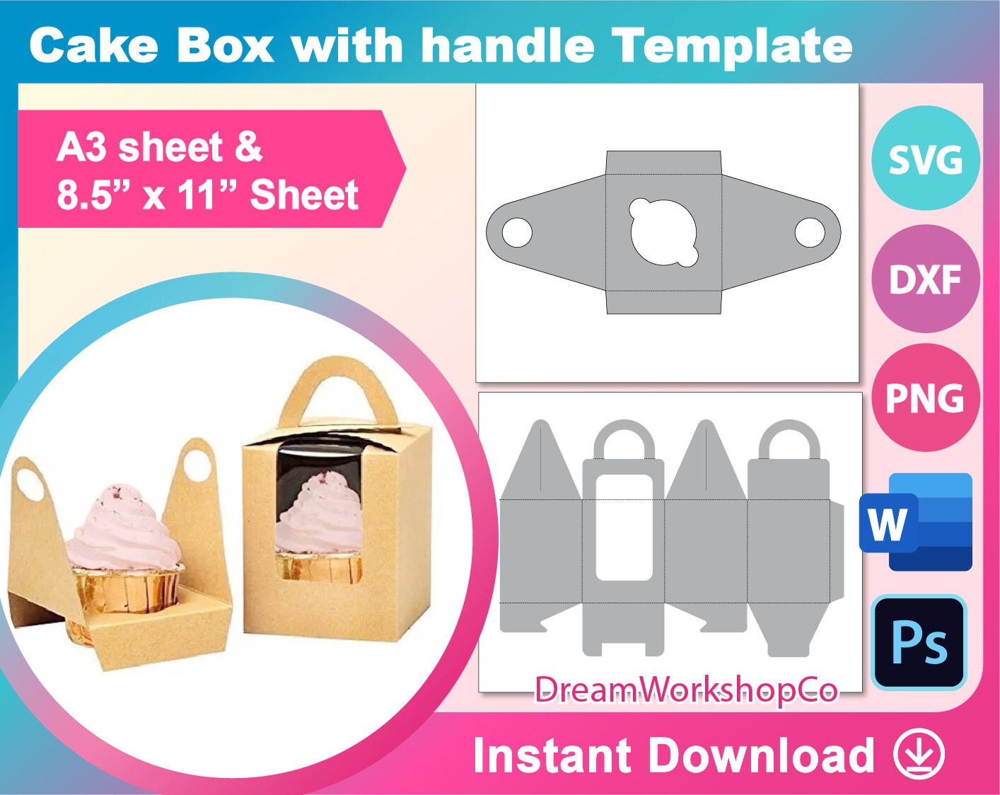 Box with Handle Muffin Box Template Cup Cake Box Template Etsy