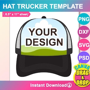 Op de afbeelding: Een zwarte trucker-pet sjabloon met een ontwerp van een witte wolk en groen gras. De tekst "YOUR DESIGN" is op de voorkant van de pet gedrukt. De pet is 8,5 inch bij 11 inch.
