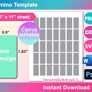 Round Corner 0.9" x 1.85" Domino Tile Template, SVG, DXF, Canva, Ms Word docx, Png, Psd, 8.5"x11" sheet, Printable, Instant Download