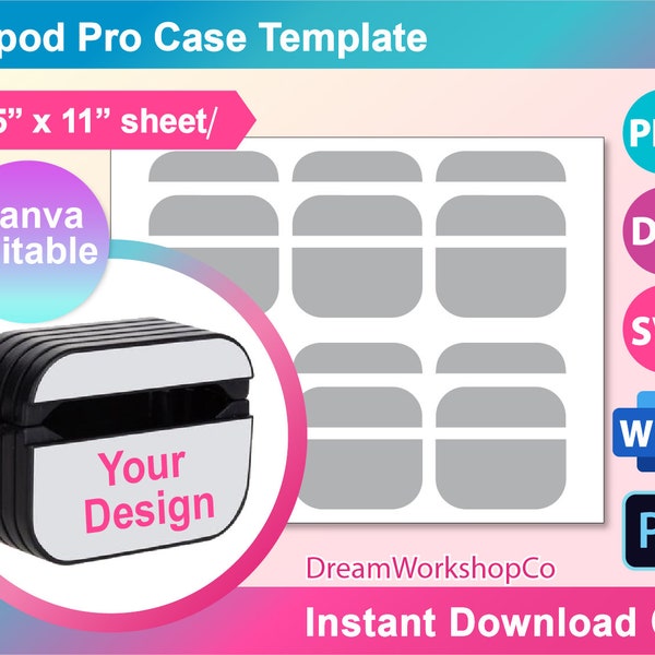 Airpod Case Sublimation Template, SVG, Canva, Dxf, Ms Word docx, Png, PSD, 8.5"x11" hoja, Imprimible
