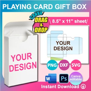 Modelo de caixa de cartas de baralho, modelo de caixa de cartas colecionáveis, modelo de caixa de cartas de pôquer, SVG, Canva, DXF, Ms Word docx, Png, Psd, folha de 8,5" x 11"