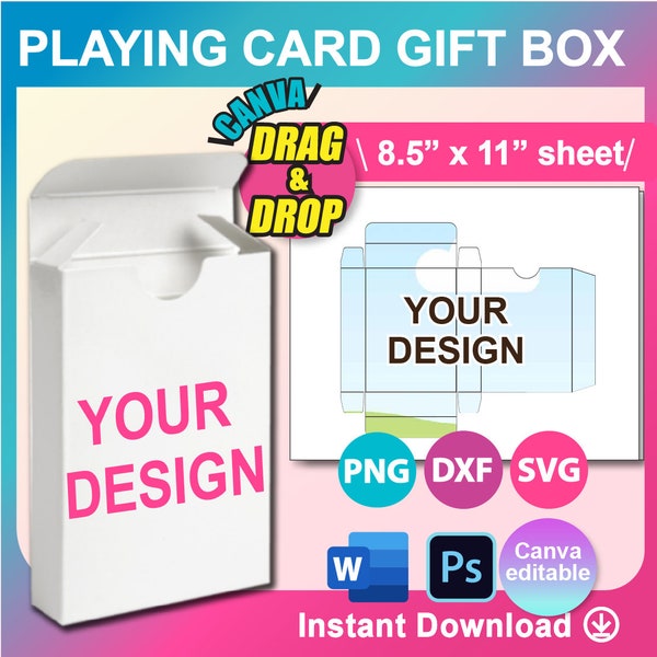 Playing Card Box Template, Trading Card Box Template, Poker Card Box Template, SVG, Canva, DXF, Ms Word docx, Png, Psd, 8.5"x11" sheet