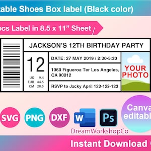 Shoe box label Template, SVG, DXF, Png, Canva, Ms Word Docx, PDF, Printable, 8.5&quot; x 11&quot; sheet, Instant Download
