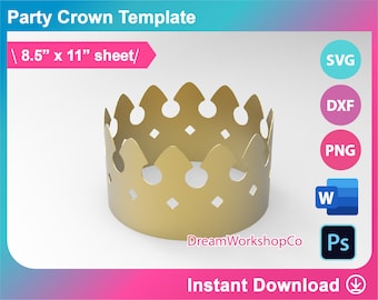 Plantilla de sombrero de fiesta, plantilla de corona de fiesta, SVG, DXF, Ms Word Docx, Png, Psd, hoja de 8,5" x 11", imprimible