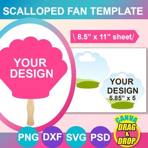 May include: Scalloped fan template featuring a pink shell design. The template measures 8.5 inches by 11 inches and includes 5 smaller shells that are 5.85 inches by 5 inches. The text "YOUR DESIGN" is included on the template.