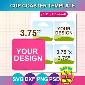 Sjabloon vierkante beker onderzetter: canva, SVG, DXF, png, psd, vel 8,5 x 11 inch (digitale download)