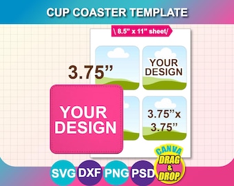 Modello di sottobicchiere quadrato: Canva, SVG, DXF, Png, Psd, foglio 8,5"x11" (download digitale)