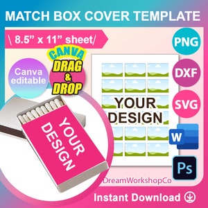 2.15&quot; x 1.375&quot; Match box Cover  Label Template,  Canva, SVG, DXF, Ms Word DOCX, Png, Psd, 8.5&quot;x11&quot; sheet, Printable