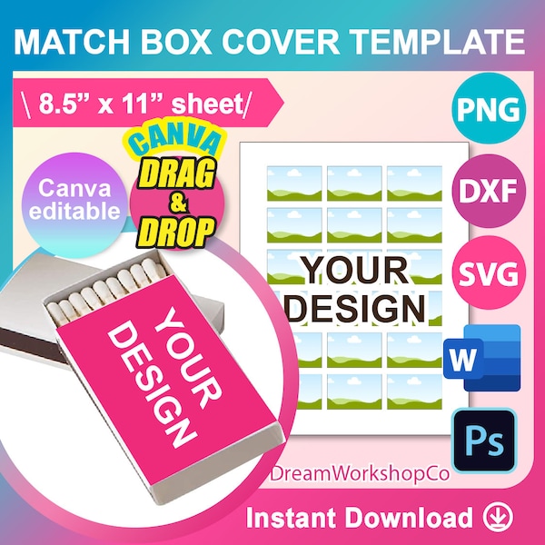 2.15" x 1.375" Match box Cover  Label Template,  Canva, SVG, DXF, Ms Word DOCX, Png, Psd, 8.5"x11" sheet, Printable