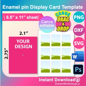 Modelo de cartão de exibição de pino esmaltado, modelo de cartão de exibição de chaveiro, SVG, Canva, DXF, Ms Word docx, Png, Psd, folha de 8,5 "x 11", para impressão