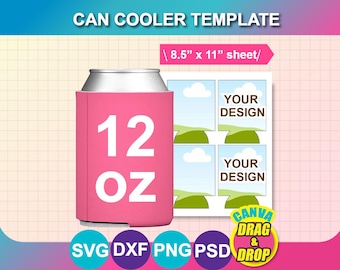 12oz Can Cooler Template, Beer Cooler Template, Bottle Cooler Template, Sublimation Template,  SVG, DXF, DOCX, Png, Psd, 8.5"x11" sheet