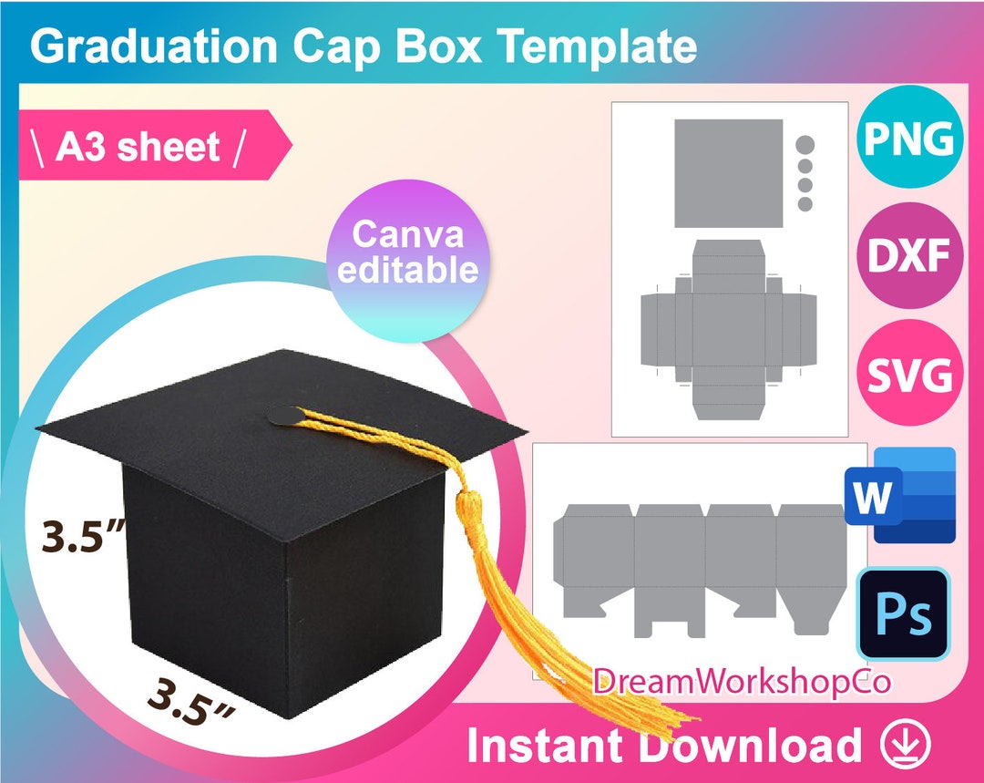 Graduation Cap Box Template Canva Psd Svg Dxf Png Ms Etsy