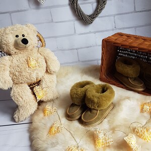 Sheepskin Children Slippers, House Shoes, 100%Natural Leather, Soft and Warm Wool, Breathable and Antialergical, Olive Color!!!!!
