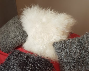 White Sheepskin Pillow, Beautiful Cushion, Sheepskin Pad, Christmast Gift and Decoration, All Natural Leather, Shiny Thick Wool!!!