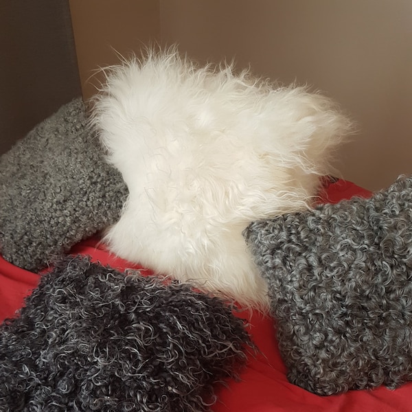 White Sheepskin Pillow, Beautiful Cushion, Sheepskin Pad, Christmast Gift and Decoration, All Natural Leather, Shiny Thick Wool!!!