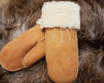 Sheepskin Mittens for Women with Decorative Seams, Merino Wool Gloves Brown, Honey, Warm and Soft, Comfy and Flexible, Hand Protection!!