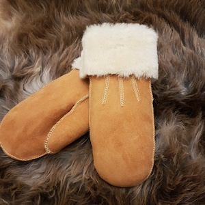 装飾縫い目付きの女性用シープスキンミトン、メリノウール手袋、ブラウン、ハニー、暖かくて柔らかく、快適で柔軟性があり、手を保護します!!