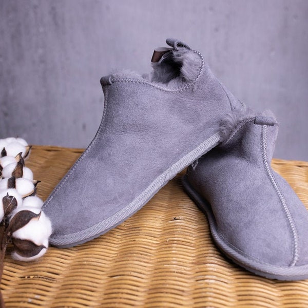 Women's Sheepskin Slippers, Indoor Shoes, Natural Leather, Handmade, Warm and Soft, Sheepskin Boots, Rubber Sole, Grey Color!!!