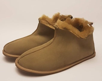 Sheepskin Slippers for Men, Home Shoes, Natural Leather Handmade Warm and Soft Wool Boots, Rubber Sole, Olive Color, Perfect Gift!!!