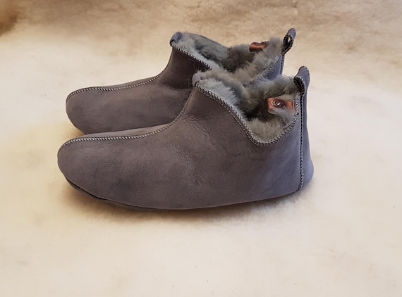 Men's Slippers, Indoor Shoes, Natural Leather, Warm and Soft, Sheepskin Boots, Suede Sole, Grey Color, Silver, Christms Gift!!!