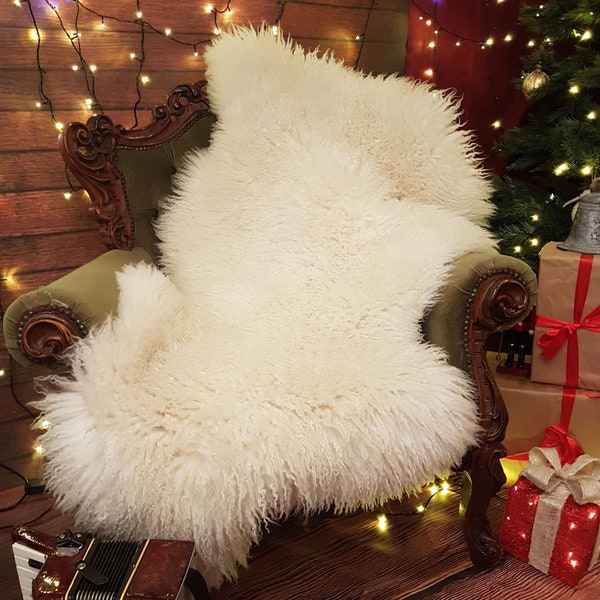 GIANT Tapis en peau de mouton blanc Leicester, blanc véritable 100% naturel, décoration de Noël, style nordique, longue laine bouclée, peau de mouton!!!