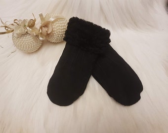 Mitaines en peau de mouton pour femmes avec coutures décoratives, gants en laine mérinos, couleur noire, chaud et doux, confortable et flexible, protection des mains !!