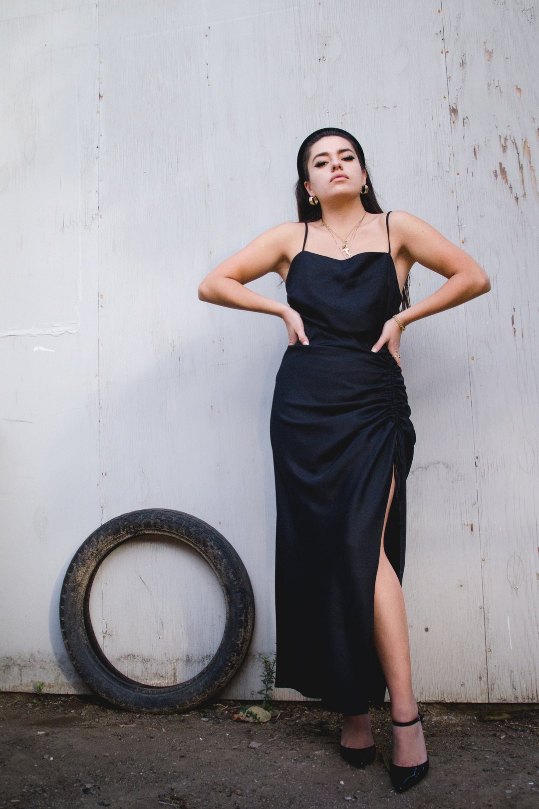 上質で快適 Black Leonie Scrunch Dress Dress-long Dress-elegant-black ワンピース