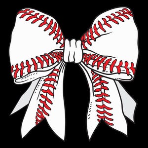 May include: A white bow with red stitching, resembling a baseball. The bow is tied in a classic style with two tails.