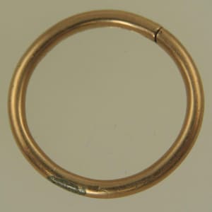 May include: A circular, gold-coloured metal ring with a hinged clasp. The ring has a smooth, polished surface and a slight discolouration on one side. The ring is approximately 2.5 cm in diameter.