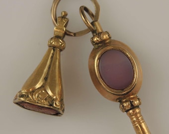 Victorian gilt seal and pocket watch key charm c1850