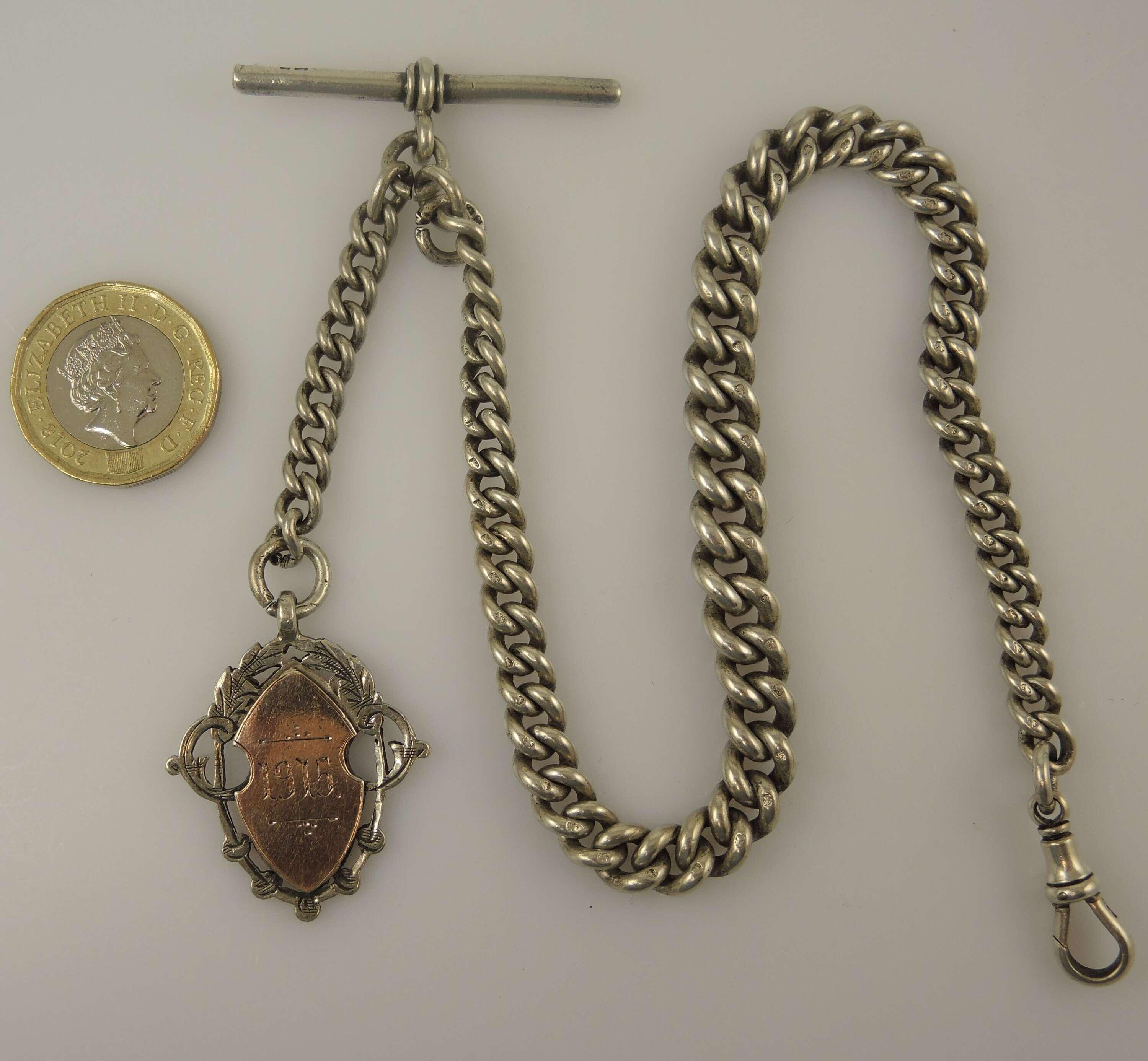 Large English Silver Pocket Watch Chain (birmingham 1897) With WW1