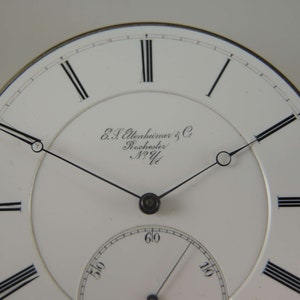 May include: A white clock face with black Roman numeral hour markers and black hands. The clock face has the text "E.S. Ullenheimer & Co. Rochester N.Y. U.S."