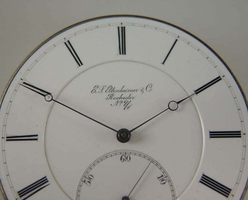 May include: A white clock face with black Roman numeral hour markers and black hands. The clock face has the text "E.S. Ullenheimer & Co. Rochester N.Y. U.S."