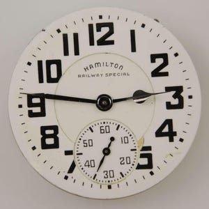 May include: A vintage Hamilton Railway Special watch face with a white background and black numerals. The face includes a smaller subdial and black hands. The text "HAMILTON RAILWAY SPECIAL" is printed on the face.