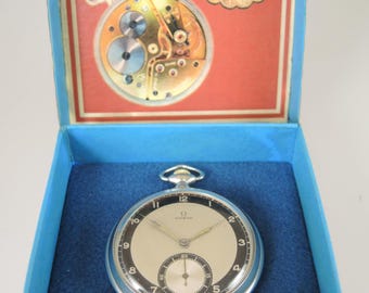 Vintage Omega Pocket Watch With a Two Tone Dial and Box