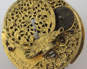 Movimiento de reloj de bolsillo de borde temprano. Por De CHARME, Londres c1690