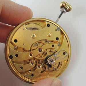 May include: Close-up of a gold-toned pocket watch movement with intricate gears and ruby jewels. The watch is marked "Swiss Made" and has a serial number.