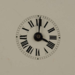 May include: A white clock face with black Roman numeral markings and black hands. The clock face is surrounded by a black ring with small black markings.