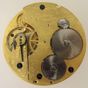 Pu&ograve; includere: Primo piano di un movimento di orologio vintage con piastre color ottone e ingranaggi intricati. Il meccanismo presenta la scritta "Warranted English" e il numero "66099". L'orologio ha sette rubini.