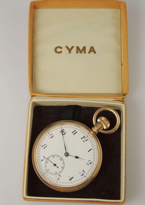 きれいな金メッキの CYMA 懐中時計、オリジナルボックス付き、1910 