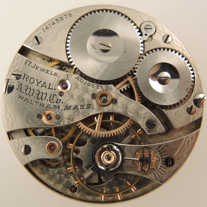May include: Close-up of a vintage watch movement with intricate gears and components. The watch mechanism features the text "ROYAL A.W.W.Co. WALTHAM, MASS." and "17 JEWELS ADJUSTED." The serial number "14145878" is also visible.