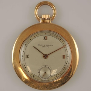 Stylish Art Deco 18K gold pocket watch by Baume & Mercier c1930